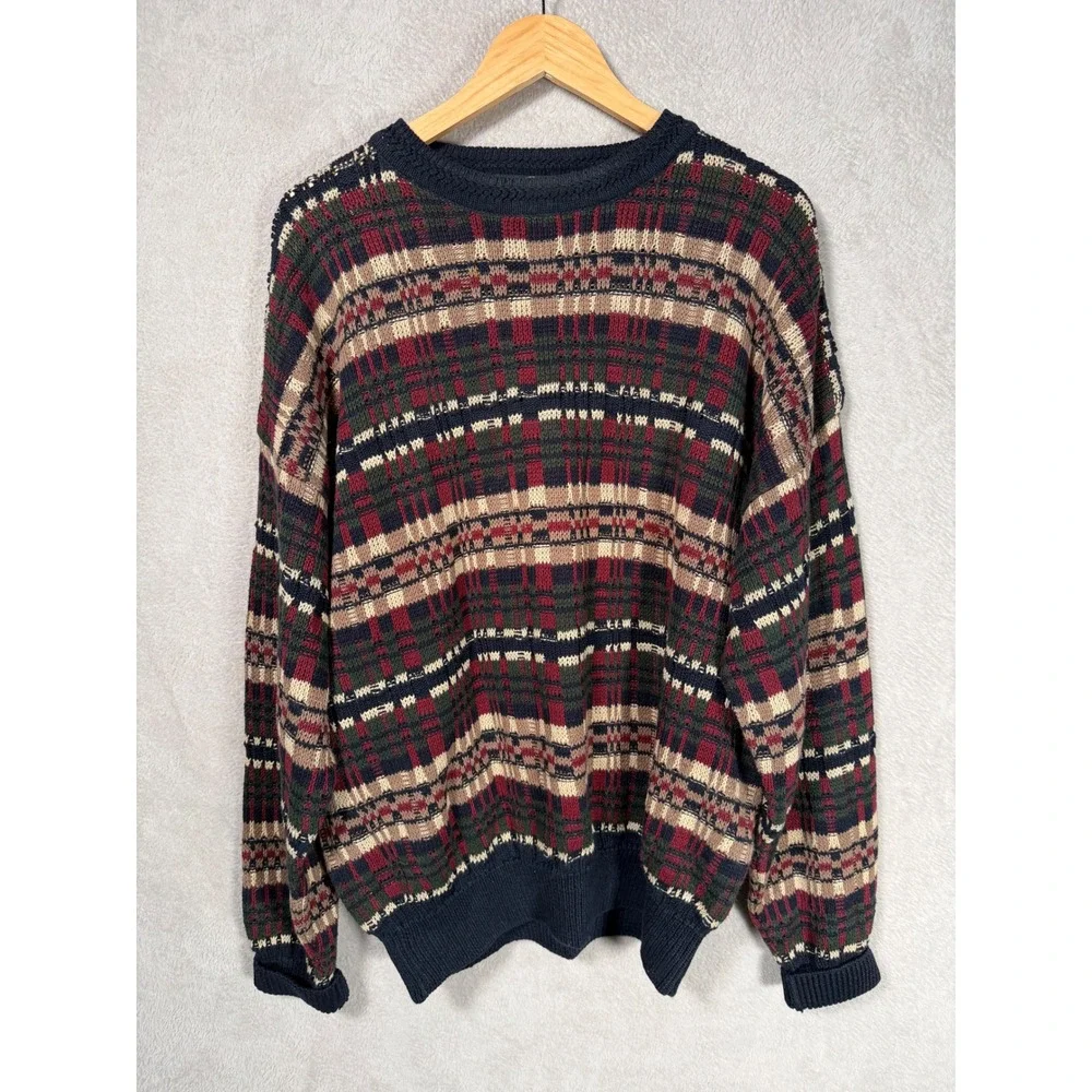 VTG Stone Haven Mens XL Plaid Crewneck Sweater Navy Green Red Ramie Cotton